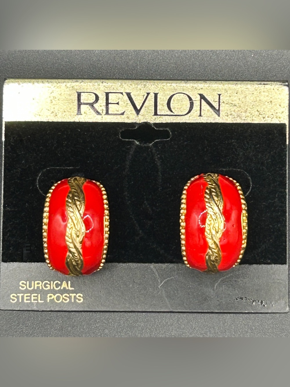 Revlon Red Enamel Pierced Earrings with Gold Braided Detail